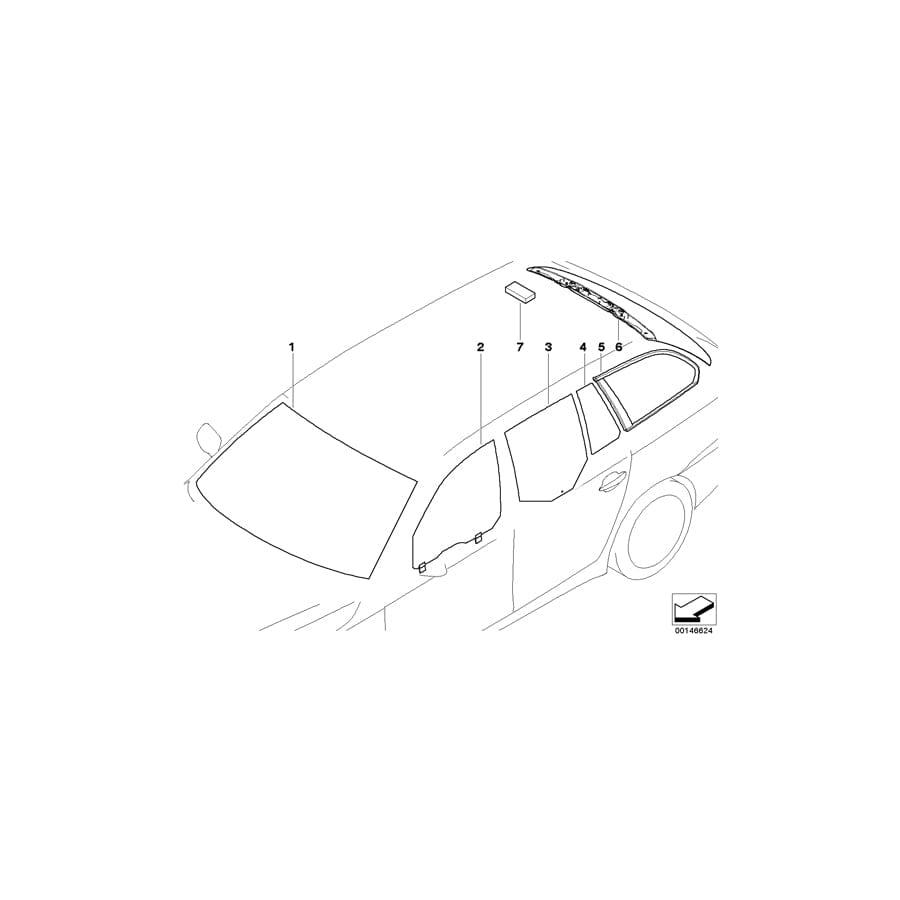 Genuine BMW 51357067097 E61 Side Window,Green Fixed,Left Rear Door IR (Inc. 523i, 525xi & 535xi)