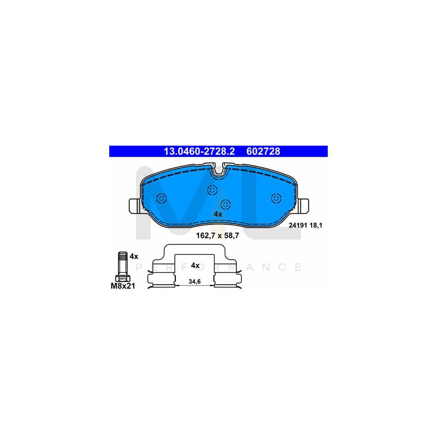 ATE 13.0460-2728.2 Brake pad set excl. wear warning contact, prepared for wear indicator, with brake caliper screws, with accessories