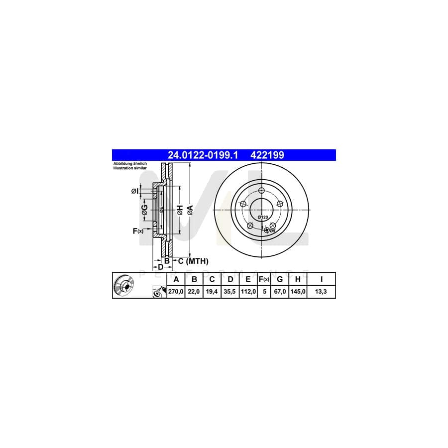 ATE 24.0122-0199.1 Brake Disc suitable for MERCEDES-BENZ Vaneo (W414) Vented, Coated, Alloyed / High-carbon - 1 piece