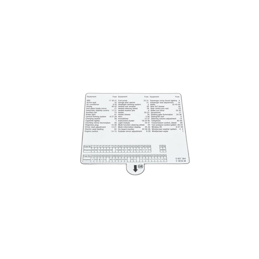 Genuine BMW 61136907364 E39 Glove Box Stick-On Label F Fuse Grouping ENGLISH (Inc. 523i)