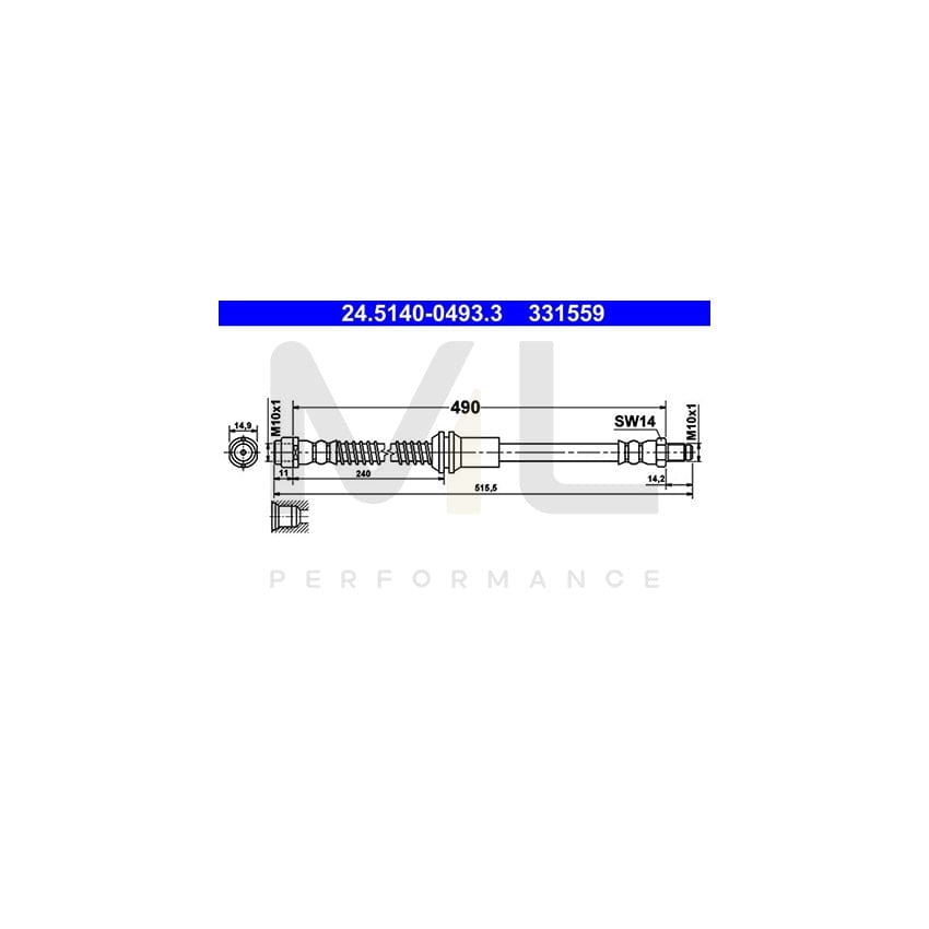 ATE 24.5140-0493.3 Brake Hose suitable for MERCEDES-BENZ GLK (X204) 490mm, M10x1