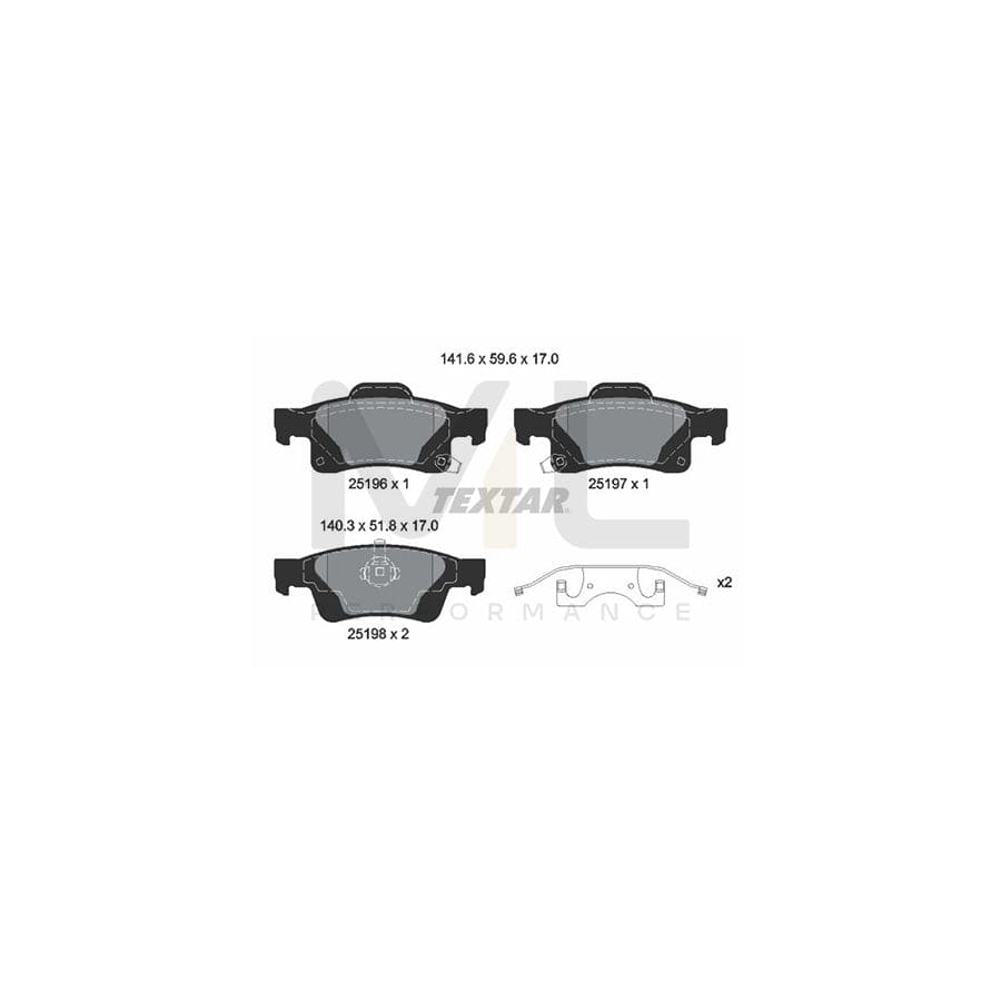 TEXTAR 2519603 Brake pad set for JEEP Grand Cherokee IV (WK, WK2) with acoustic wear warning, with accessories