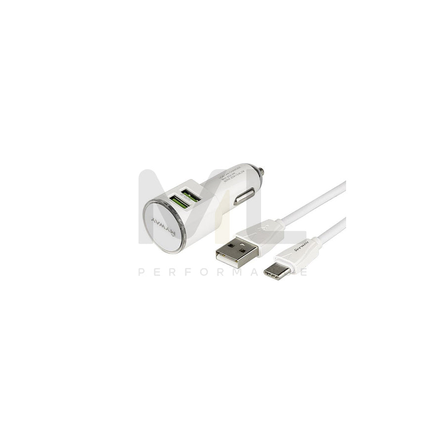 CARMOTION 63005 In-car charger 1m, Number of inlets/outlets: 2, with USB cable, USB type-C, White