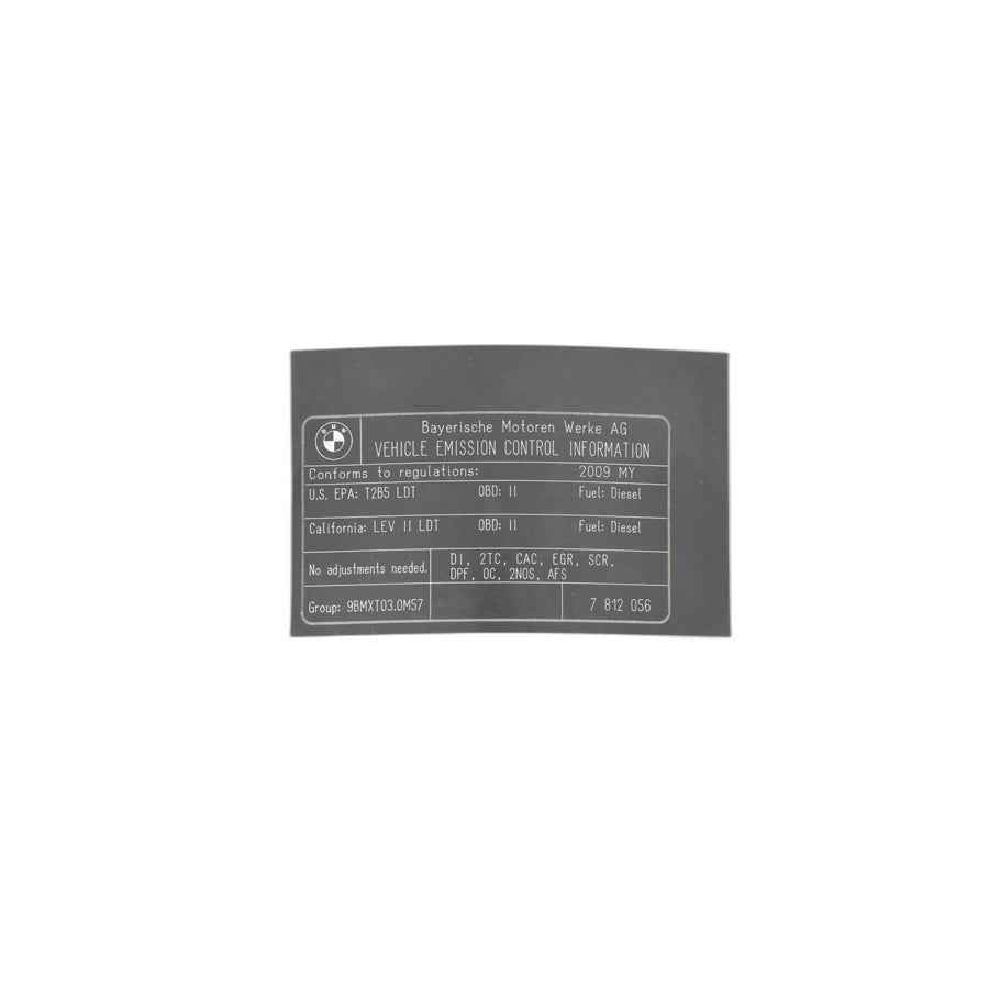 Genuine BMW 71227812056 E70 Label "Exhaust Emission" (Inc. X5 3.5d)