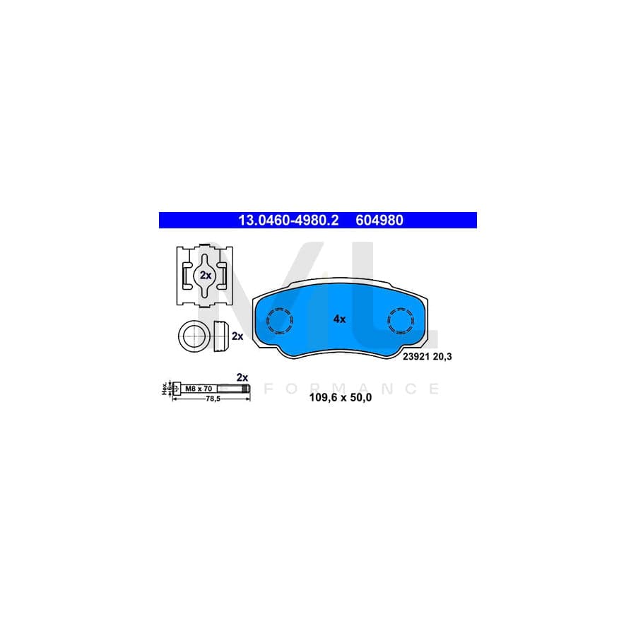 ATE 13.0460-4980.2 Brake pad set excl. wear warning contact, not prepared for wear indicator, with brake caliper screws, with accessories