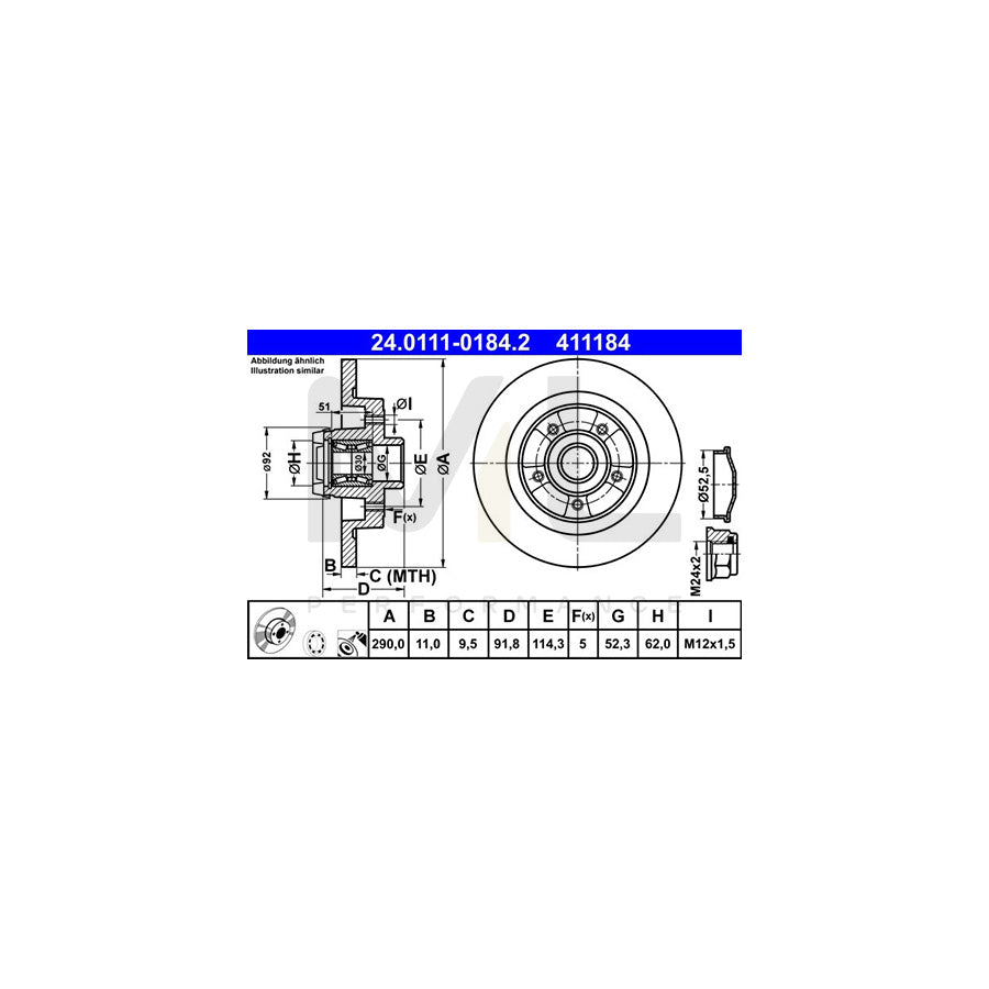 ATE 24.0111-0184.2 Brake Disc for RENAULT Grand Sc???nic III (JZ) Solid, Coated, with ABS sensor ring, with wheel bearing - 1 piece