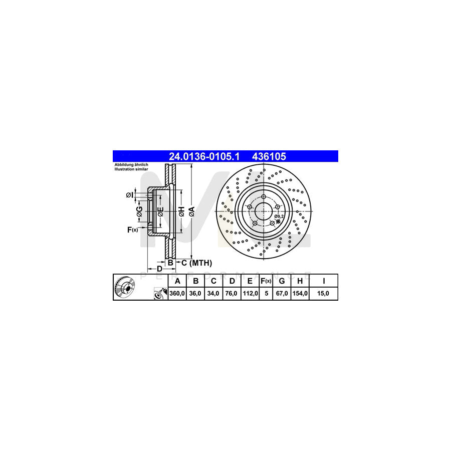 ATE 24.0136-0105.1 Brake Disc suitable for MERCEDES-BENZ S-Class Perforated / Vented, Coated, Alloyed / High-carbon - 1 piece