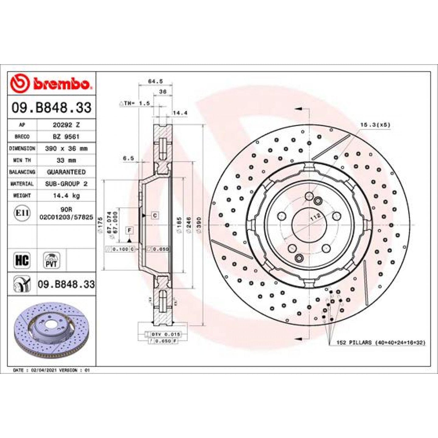 BREMBO 09.B848.33 Brake Disc Internally Vented, Coated, High-carbon - 1 piece