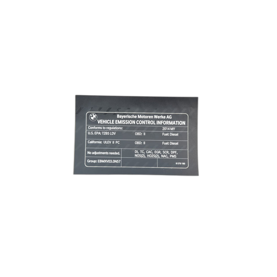 Genuine BMW 71228579190 F10 Label "Exhaust Emission" MY14 (Inc. 535d)