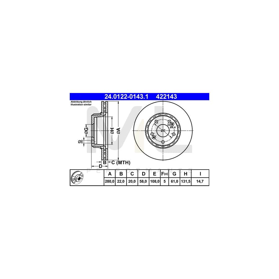 ATE 24.0122-0143.1 Brake Disc Vented - 1 piece