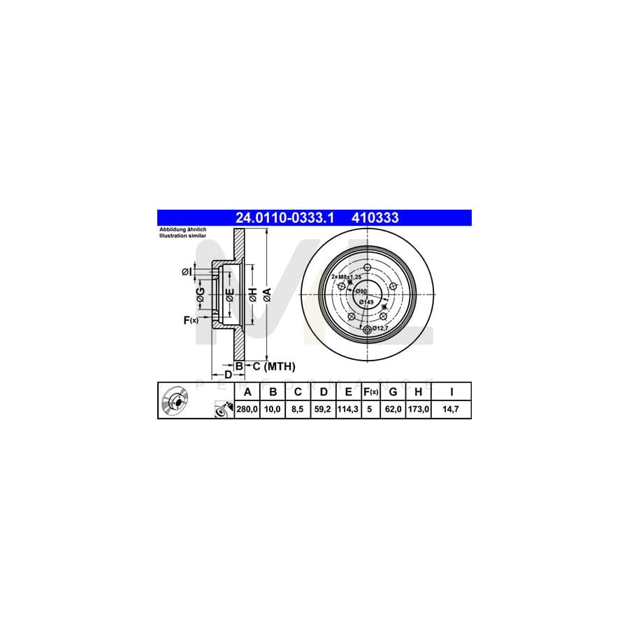 ATE 24.0110-0333.1 Brake Disc for TOYOTA AVENSIS Solid, Coated - 1 piece
