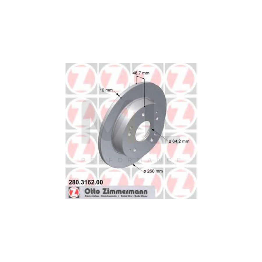 ZIMMERMANN 280.3162.00 Brake Disc for HONDA Civic VII Hatchback (EU, EP, EV) Solid - 1 piece