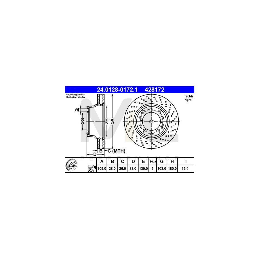 ATE 24.0128-0172.1 Brake Disc for PORSCHE 911 Coupe Perforated / Vented, Coated, Alloyed / High-carbon