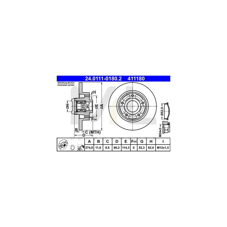 ATE 24.0111-0180.2 Brake Disc Solid, Coated, with ABS sensor ring, with wheel bearing - 1 piece