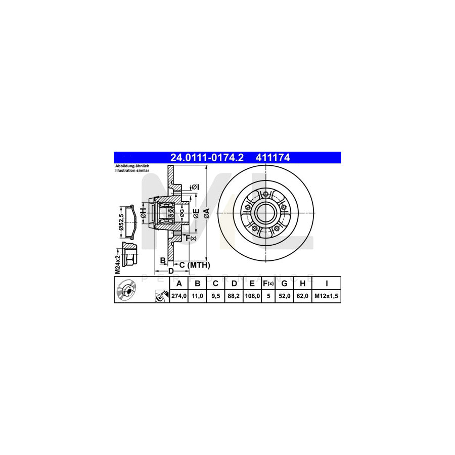 ATE 24.0111-0174.2 Brake Disc for RENAULT KANGOO Solid, Coated, with ABS sensor ring, with wheel bearing - 1 piece