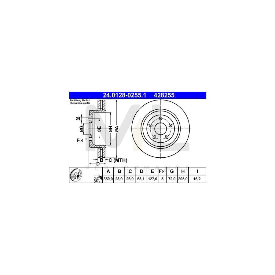 ATE 24.0128-0255.1 Brake Disc for JEEP Grand Cherokee III (WH, WK) Vented, Coated, Alloyed / High-carbon - 1 piece