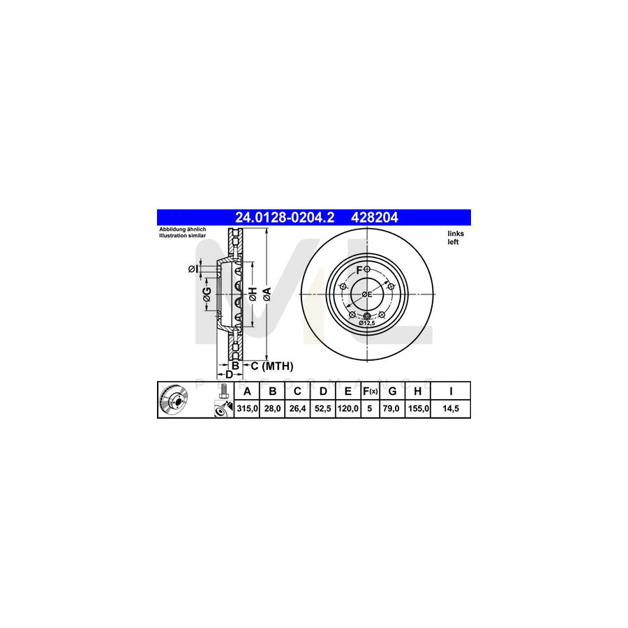 ATE 24.0128-0204.2 Brake Disc Two-piece brake disc, Vented, Coated, High-carbon, with bolts/screws