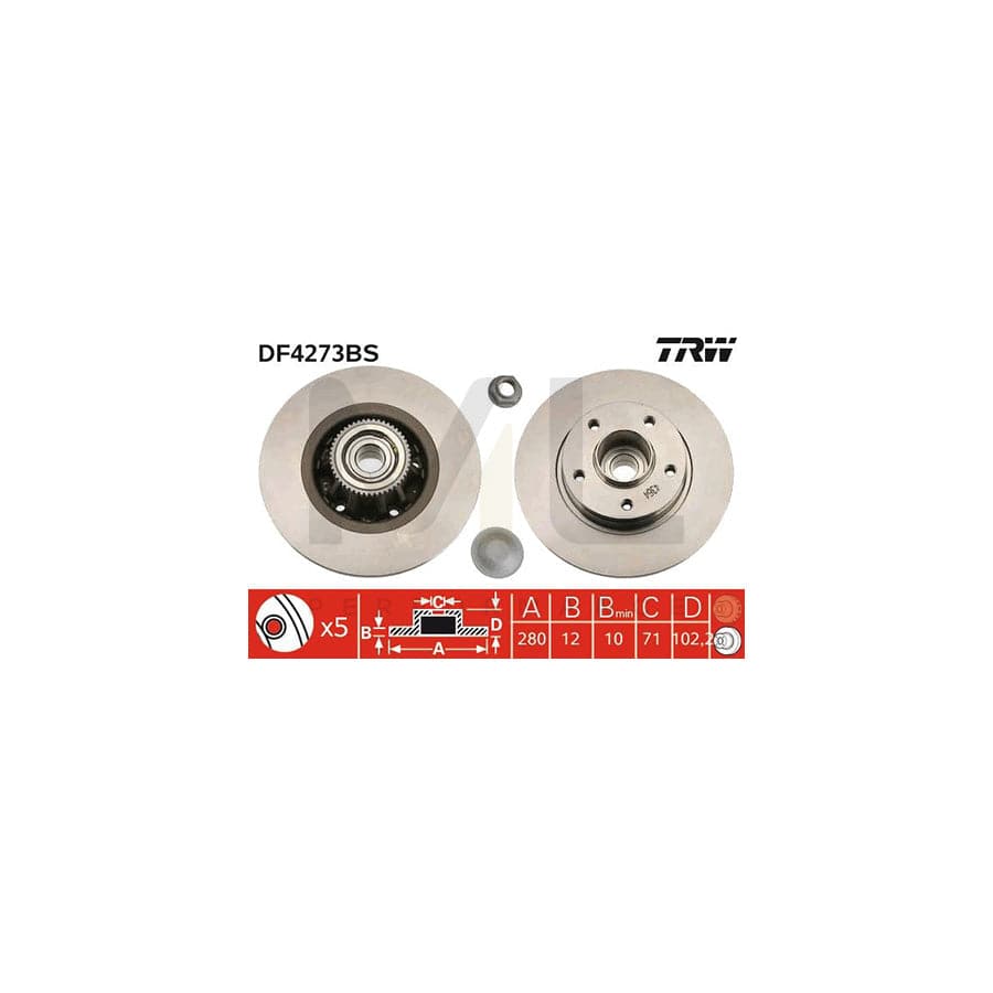 TRW DF4273BS Brake Disc Solid, with ABS sensor ring, with wheel bearing - 1 piece