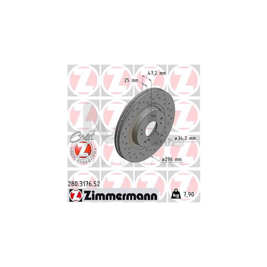 ZIMMERMANN SPORT COAT Z 280.3176.52 Brake Disc for HONDA ACCORD Internally Vented, Perforated, Coated - 1 piece