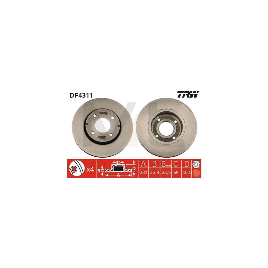 TRW DF4311 Brake Disc Vented, Painted - 1 piece