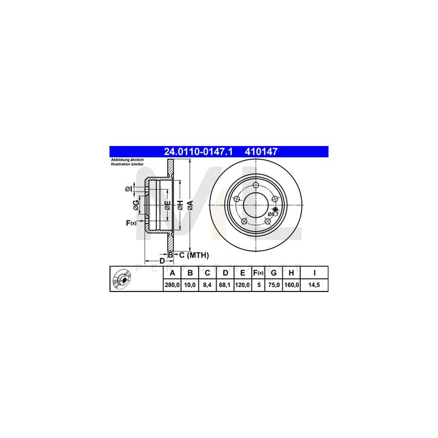 ATE 24.0110-0147.1 Brake Disc for BMW 7 (E23) Solid, Coated - 1 piece