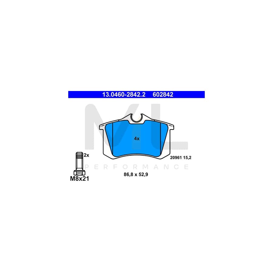 ATE 13.0460-2842.2 Brake pad set for PEUGEOT 405 excl. wear warning contact, with brake caliper screws