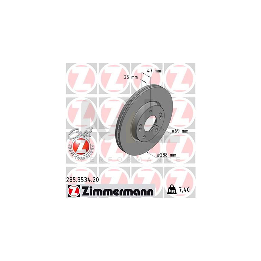ZIMMERMANN 285.3534.20 Brake Disc Internally Vented, Coated - 1 piece