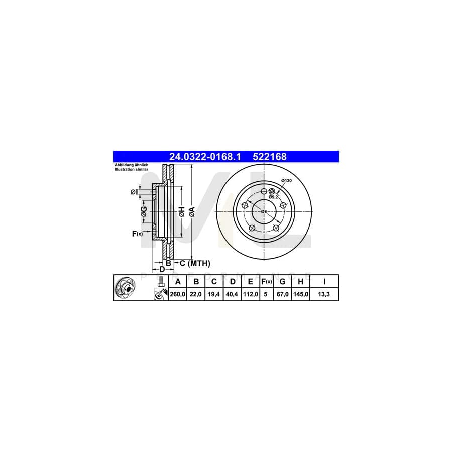 ATE PowerDisc 24.0322-0168.1 Brake Disc suitable for MERCEDES-BENZ A-Class (W168) Vented, Coated, Alloyed / High-carbon, with bolts/screws - 1 piece