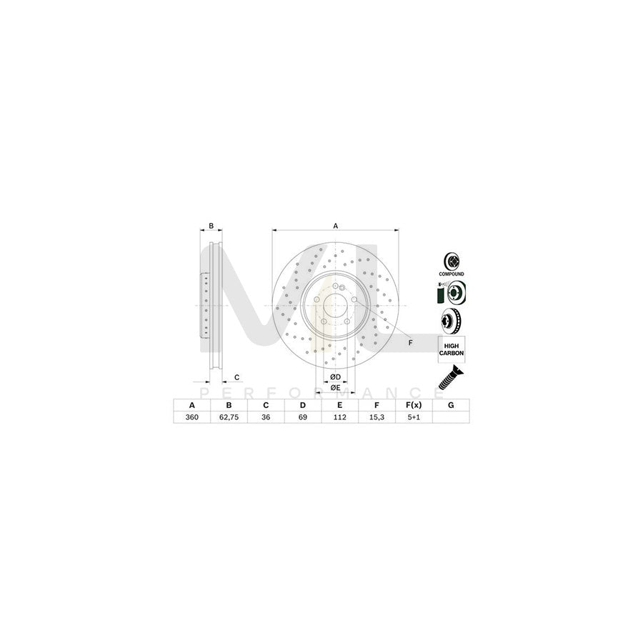 BOSCH 0 986 479 G38 Brake Disc Perforated, Two-piece brake disc, Vented, Coated, Alloyed / High-carbon, with bolts/screws | ML Performance Car Parts