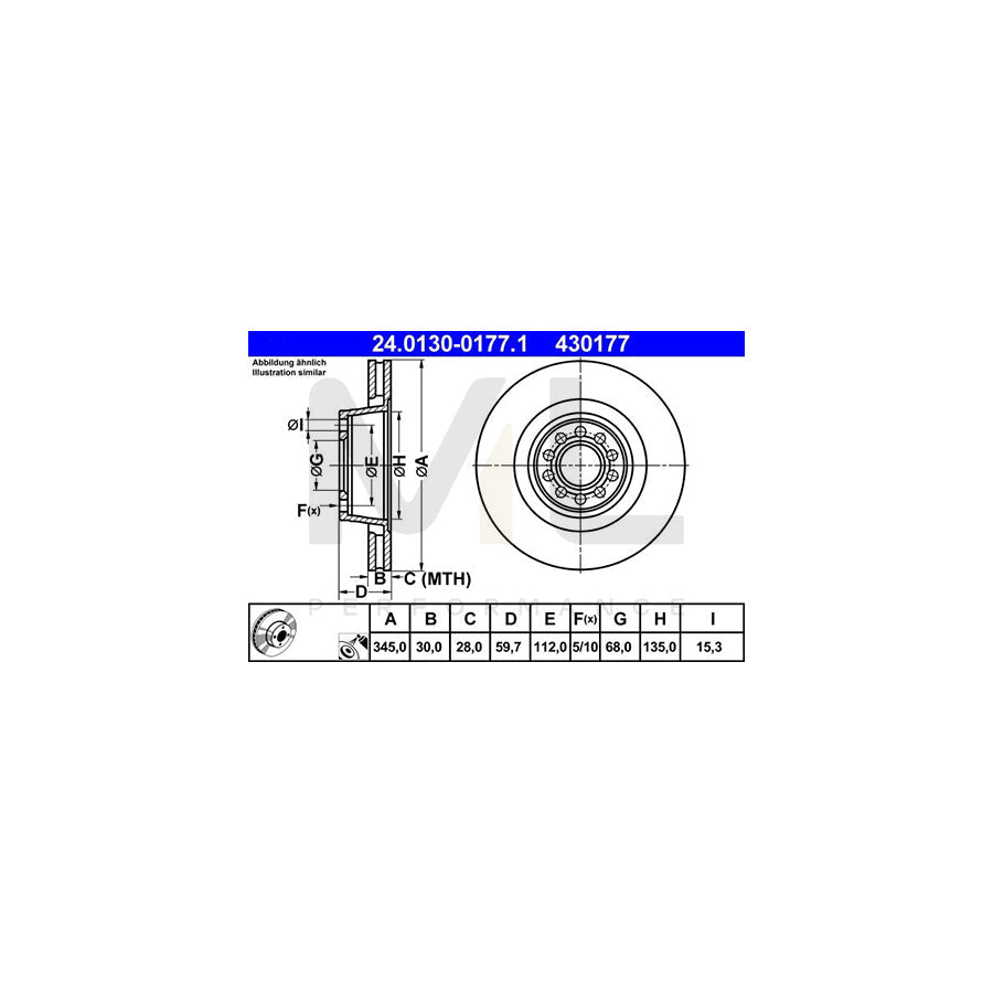 ATE 24.0130-0177.1 Brake Disc for AUDI A8 D2 (4D2, 4D8) Vented, Coated, High-carbon - 1 piece