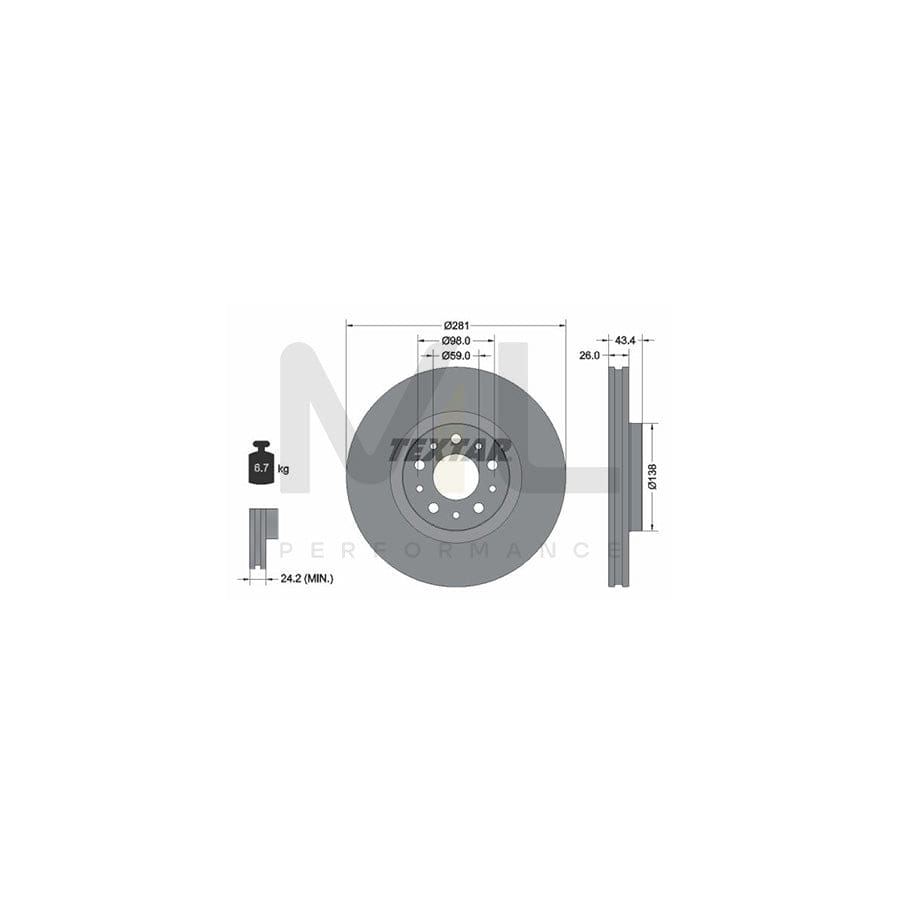 TEXTAR 92304803 Brake Disc for FIAT TIPO Internally Vented, Coated, without wheel hub, without wheel studs - 1 piece