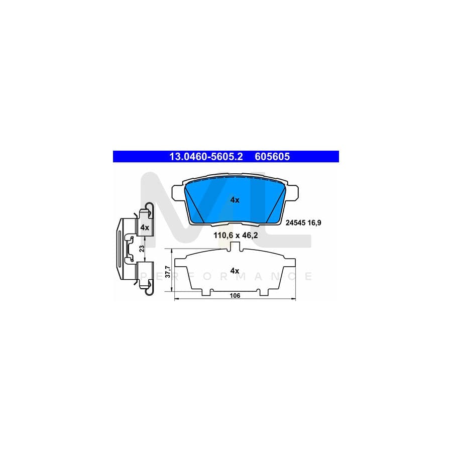ATE 13.0460-5605.2 Brake pad set excl. wear warning contact, not prepared for wear indicator, with anti-squeak plate, with accessories