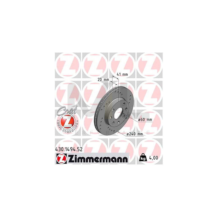 ZIMMERMANN SPORT COAT Z 430.1494.52 Brake Disc Internally Vented, Perforated, Coated - 1 piece