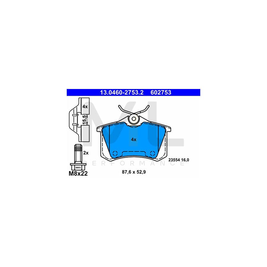 ATE 13.0460-2753.2 Brake pad set excl. wear warning contact, with brake caliper screws, with accessories