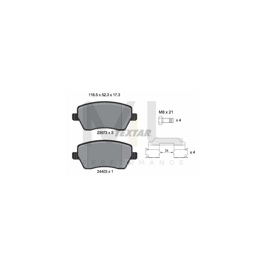 TEXTAR 2397302 Brake pad set with acoustic wear warning, with brake caliper screws