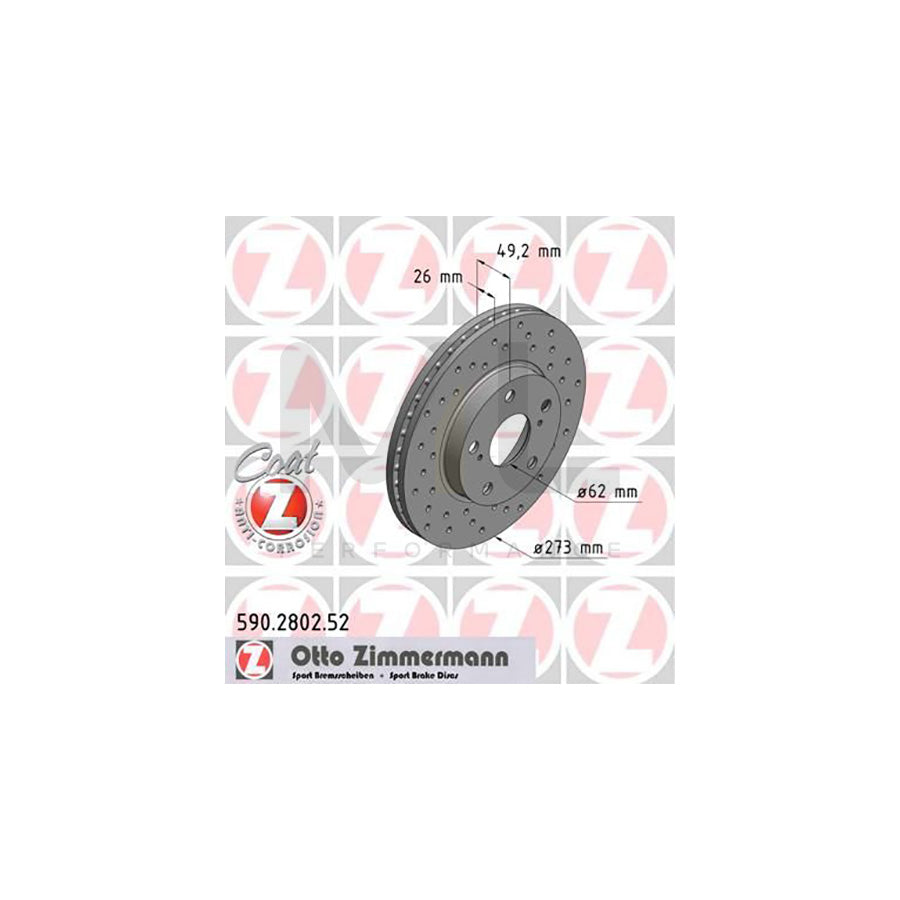 ZIMMERMANN SPORT COAT Z 590.2802.52 Brake Disc for TOYOTA Auris Hatchback (E15) Internally Vented, Perforated, Coated, High-carbon - 1 piece