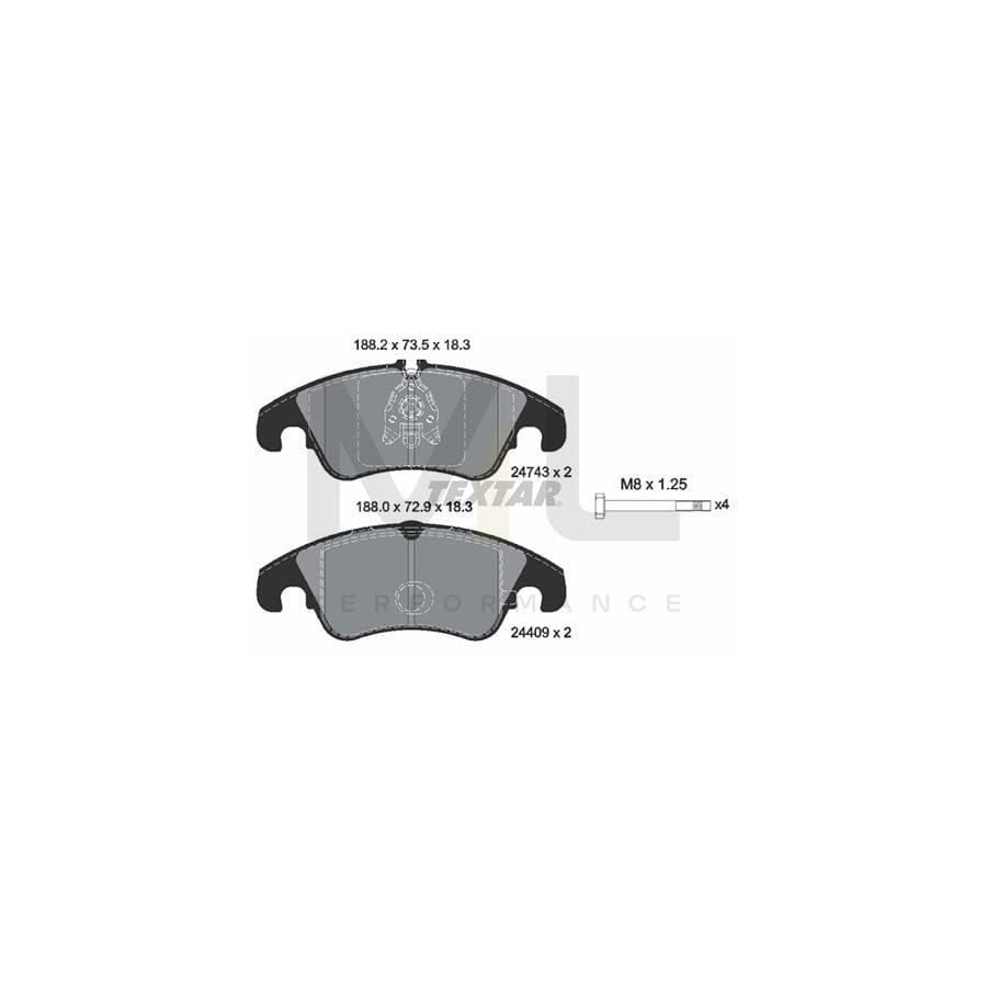TEXTAR 2474302 Brake pad set for FORD Focus Mk2 Hatchback (DA_, HCP, DP) prepared for wear indicator, with brake caliper screws