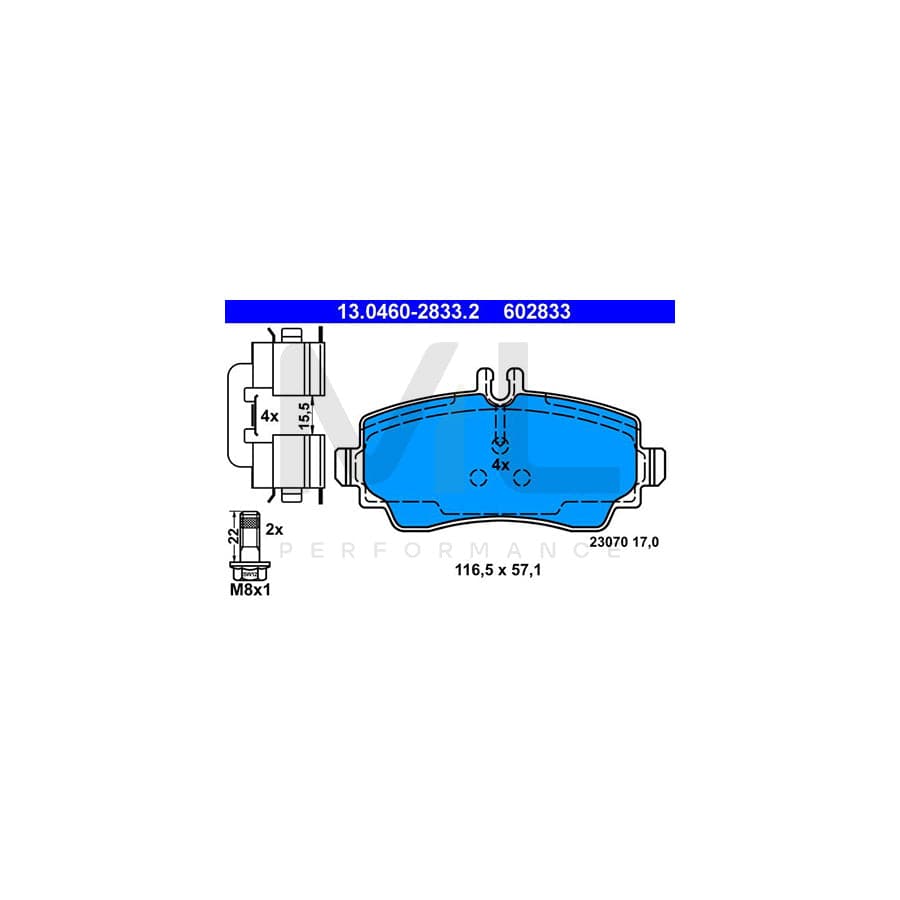 ATE 13.0460-2833.2 Brake pad set suitable for MERCEDES-BENZ A-Class (W168) excl. wear warning contact, prepared for wear indicator, with brake caliper screws, with accessories