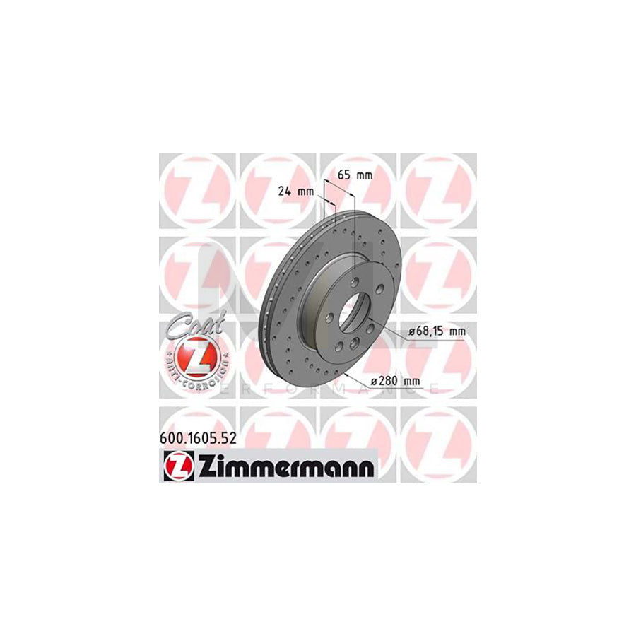 ZIMMERMANN SPORT COAT Z 600.1605.52 Brake Disc for VW TRANSPORTER Internally Vented, Perforated, Coated - 1 piece