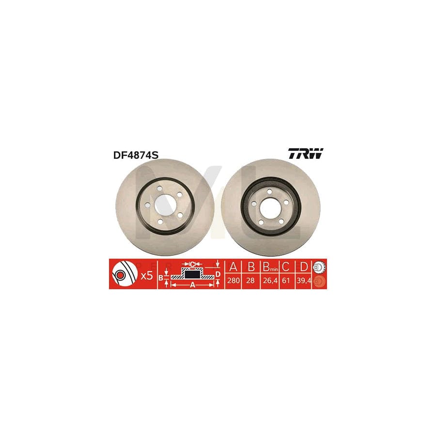 TRW DF4874S Brake Disc Vented, Painted - 1 piece