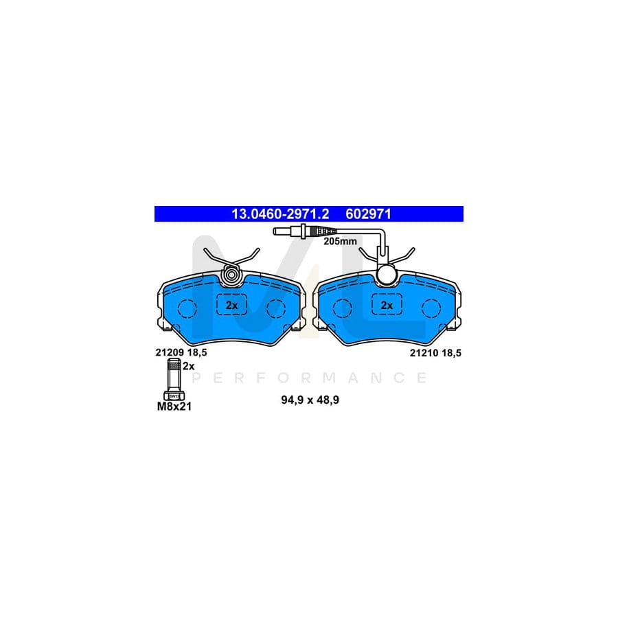ATE 13.0460-2971.2 Brake pad set for PEUGEOT 405 incl. wear warning contact, with brake caliper screws