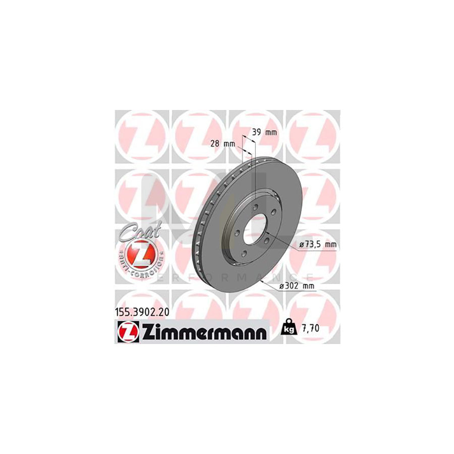 ZIMMERMANN COAT Z 155.3902.20 Brake Disc for CHRYSLER Voyager IV (RG, RS) Externally Vented, Coated, High-carbon - 1 piece