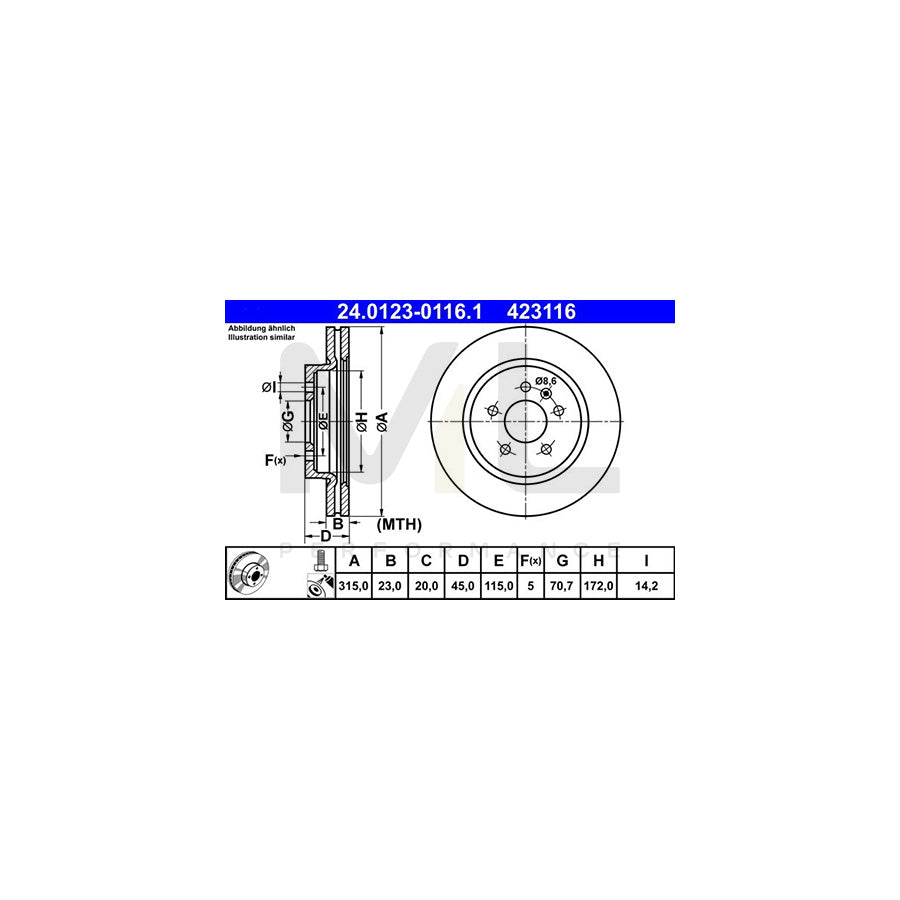 ATE 24.0123-0116.1 Brake Disc Vented, Coated, with bolts/screws - 1 piece