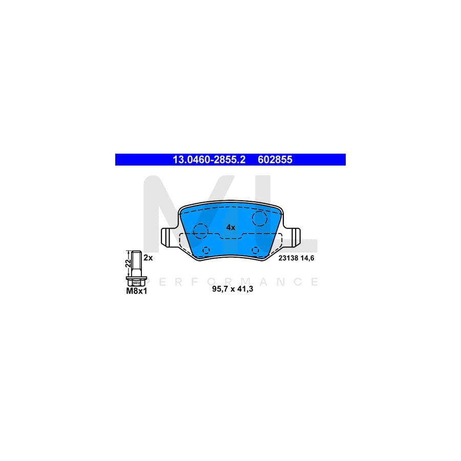 ATE 13.0460-2855.2 Brake pad set excl. wear warning contact, not prepared for wear indicator, with brake caliper screws