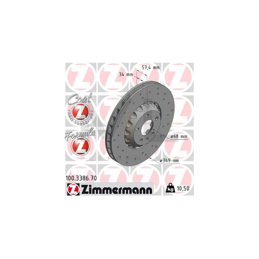 ZIMMERMANN 100.3386.70 Brake Disc Perforated, Two-piece brake disc, Vented, Coated, Alloyed / High-carbon - 1 piece