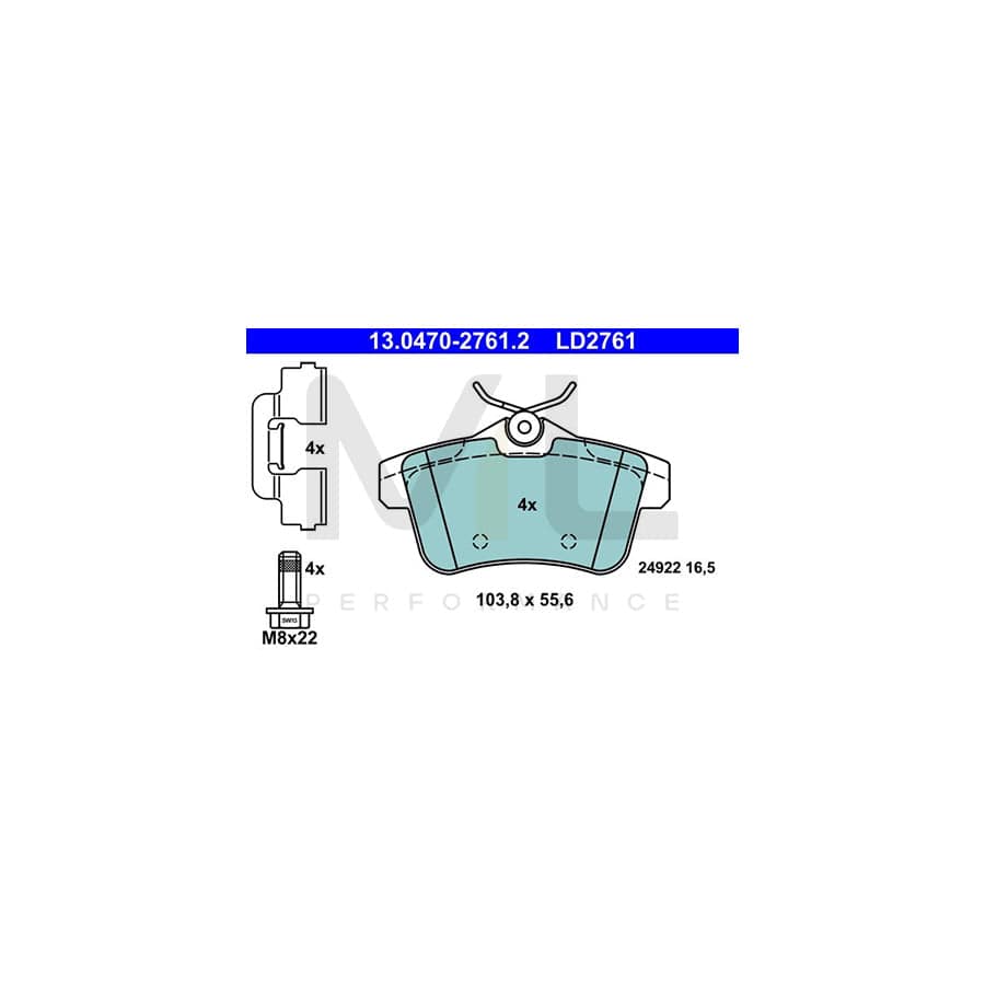 ATE 13.0470-2761.2 Brake pad set excl. wear warning contact, with brake caliper screws, with accessories