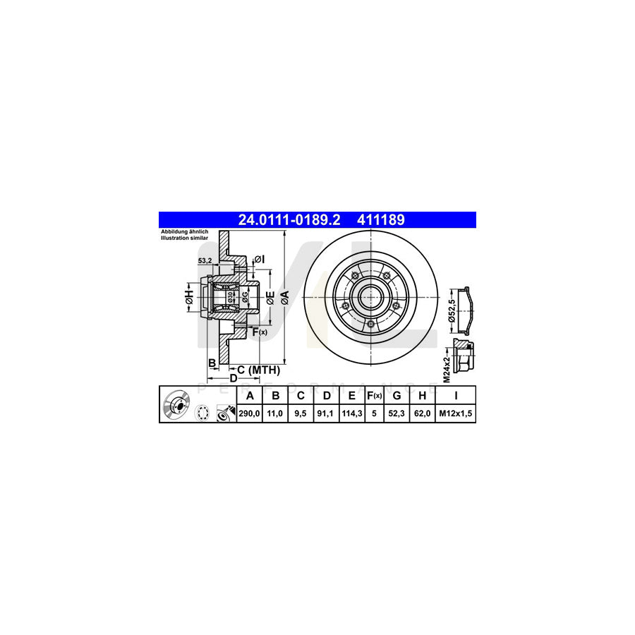 ATE 24.0111-0189.2 Brake Disc Solid, Coated, with ABS sensor ring, with wheel bearing - 1 piece