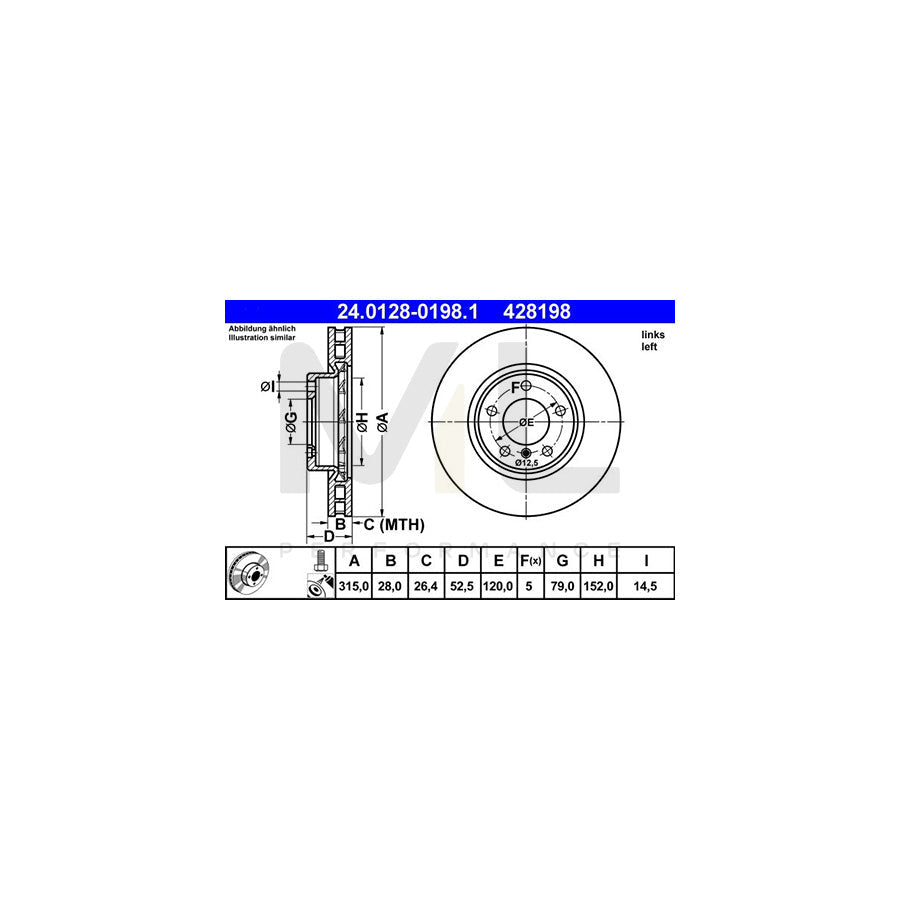 ATE 24.0128-0198.1 Brake Disc for BMW 3 Series Vented, Coated, High-carbon, with bolts/screws
