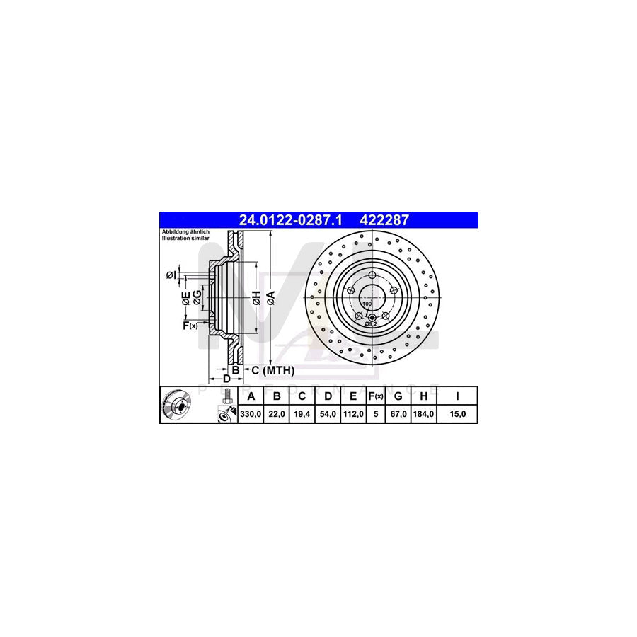 ATE 24.0122-0287.1 Brake Disc suitable for MERCEDES-BENZ ML-Class (W166) Perforated / Vented, Coated, Alloyed / High-carbon, with bolts/screws - 1 piece