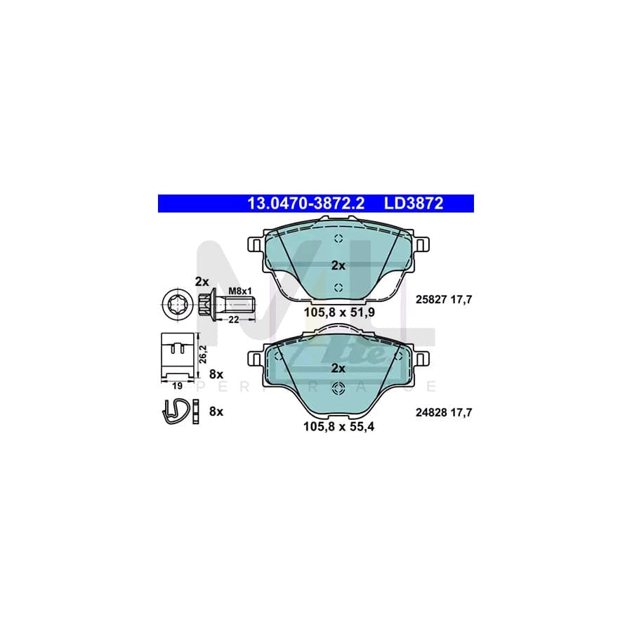 ATE Ceramic 13.0470-3872.2 Brake pad set excl. wear warning contact, not prepared for wear indicator, with brake caliper screws, with accessories